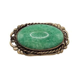 Art Deco Peking Glass Cabochon Brooch in Metal setting, 2" Wide